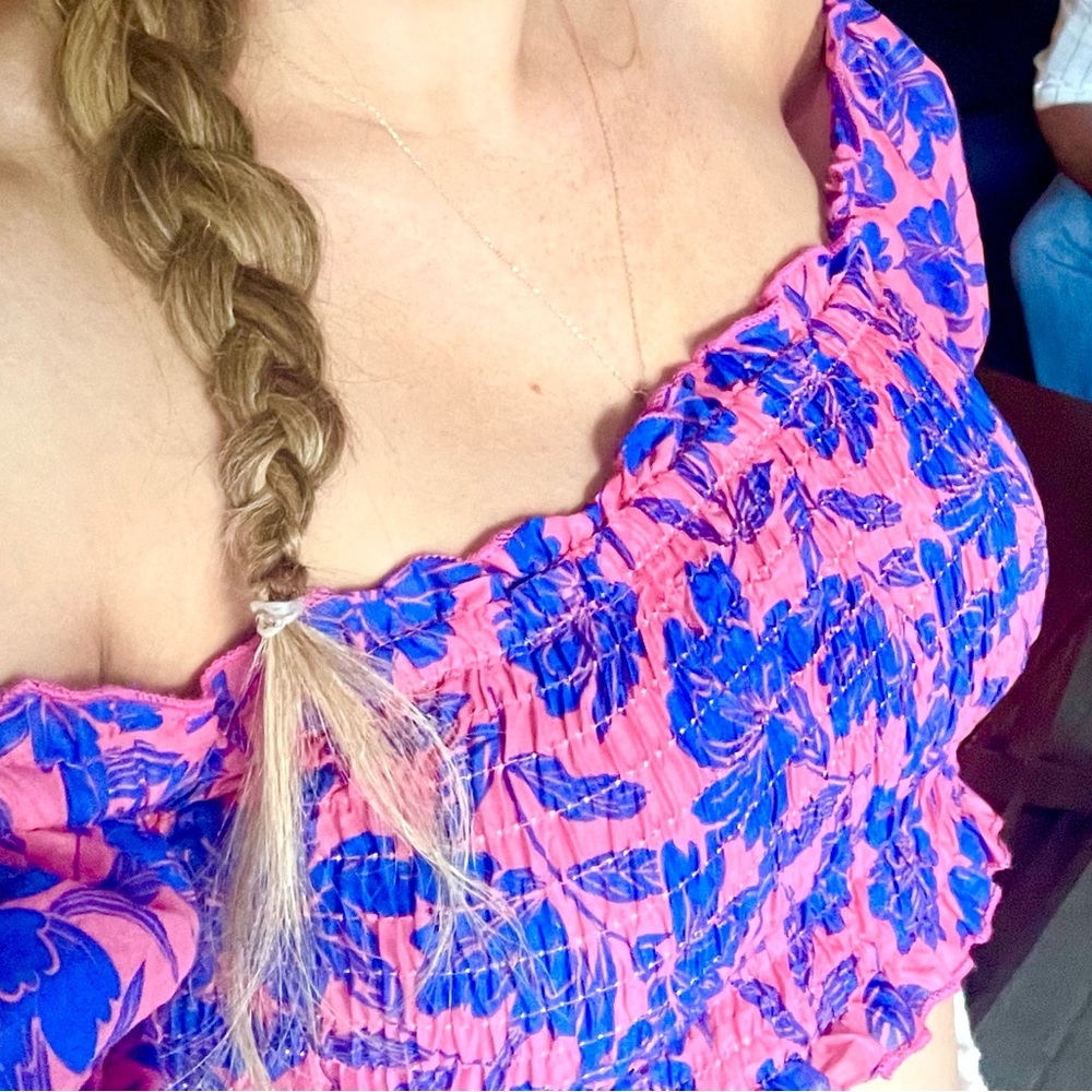 Pink and Blue Floral Off-Shoulder Summer Top - Picture 2 of 2